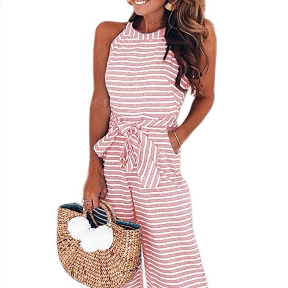 PrettyGarden pink & white striped jumpsuit w belt